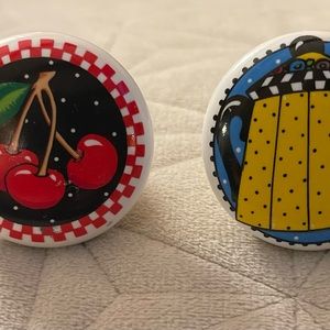 Set of Mary Engelbreit Ceramic (1)Cherry and (1)Kettle Drawer or Cabinet Pulls